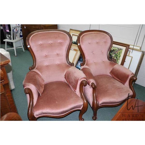 Pair of antique dusty rose upholstered parlour chairs with scroll decoration