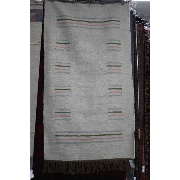 Woven wool carpet with cream background and muted tones of blue, pink, etc. 37" X 66"