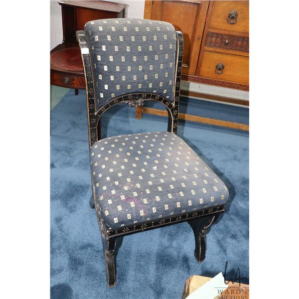 Antique Neoclassical side chair with punch work and carved accents on ebonized oak frame, re-upholst