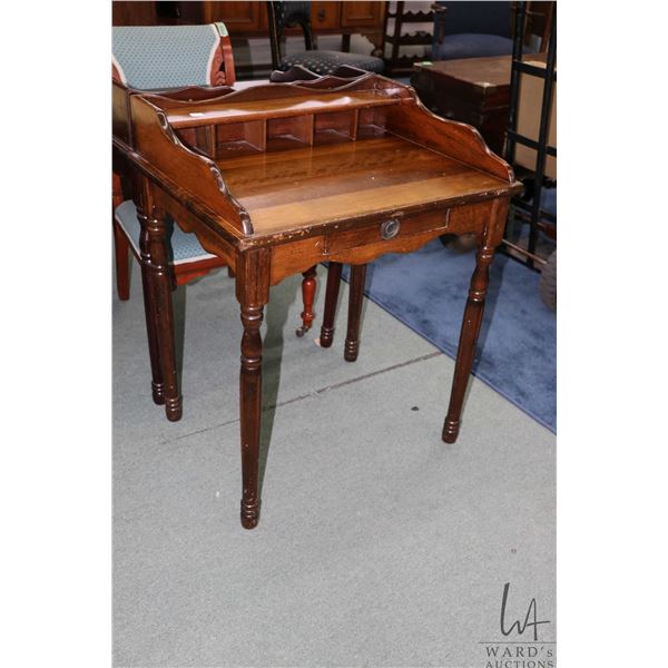 Vintage walnut single drawer student desk with galley, 32" H X 26" W X 20" D