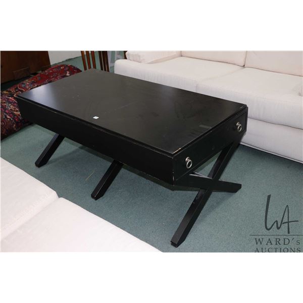 Semi contemporary black finish coffee table with single drawer on each end and cross supports, made 