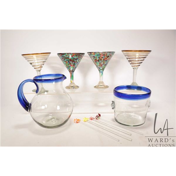 Two pieces of Roselift Height Dos Suenos Mexico glassware including pitcher and ice bucket. Plus fou