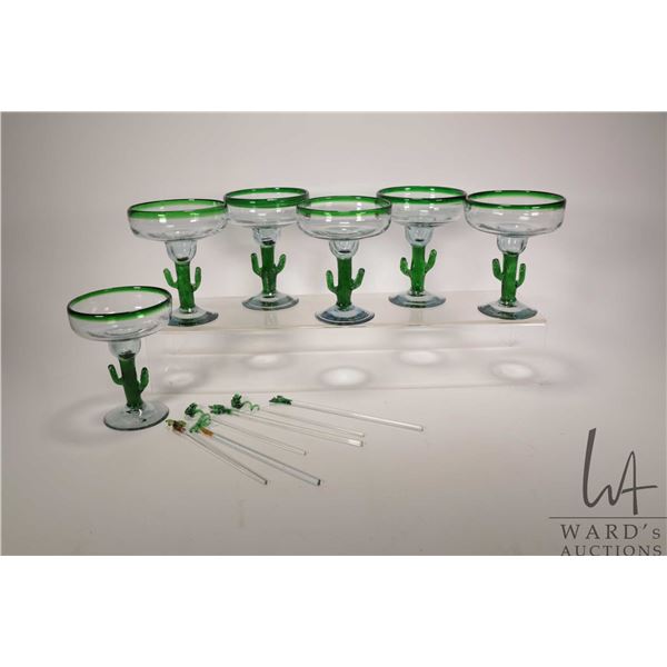 Six hand blown cactus motif margarita glasses and six glass stir sticks . Note: Not available for sh