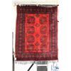 Image 1 : Wool carpet with red background, geometric design and highlights of taupe, blue and brown etc. 58" X