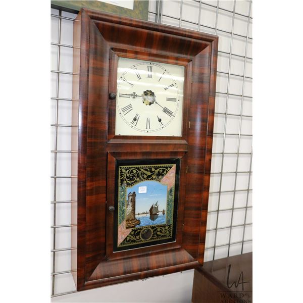 Antique Jerome & Co. chiming wall clock w/ lighthouse motif transferware panel. Trying to work at ti