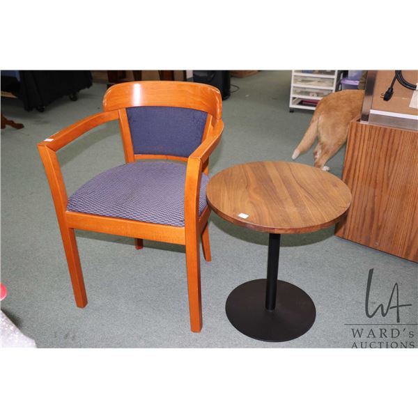 Modern single pedestal round wine table 20" in height X 18" in diameter plus an open arm side chair