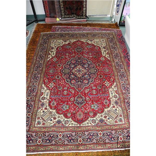 100% hand made Iranian wool carpet  Tabriz  with center medallion, red background and overall floral