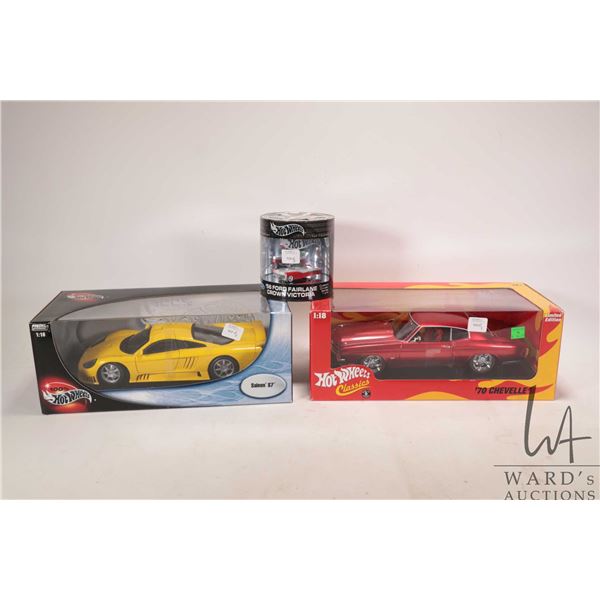 Three die cast Hot Wheels including 1:64 scale 1956 Ford Fairlane Crown Victoria and 1:18 scale '70 