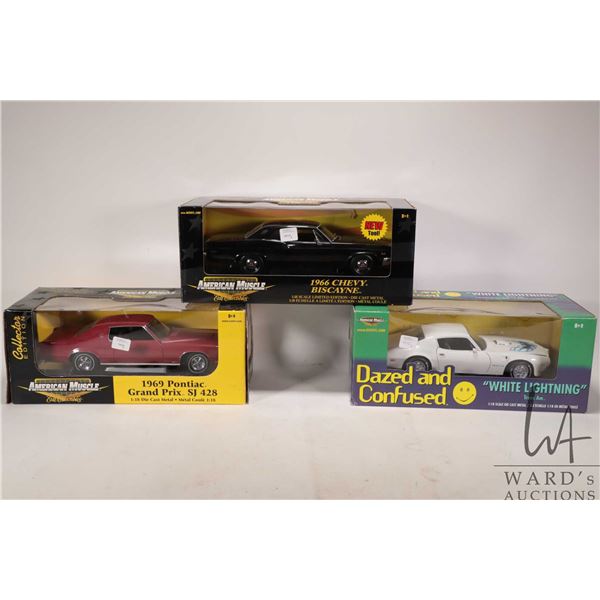 Three 1:18 scale die cast cars including "White Lightening" Trans Am, 1969 Pontiac Grand Prix SJ 428