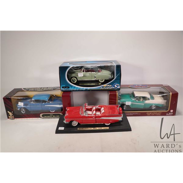 Four 1:18 scale die cast models including 1957 Chevrolet Bel Air convertible, 1956 Bel- Air and a 19