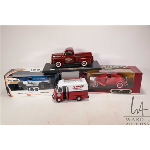Four 1:18 scale die cast models including 1944 Ford Sedan, 1932 Ford Three Window Coupe, 1948 F -1 P