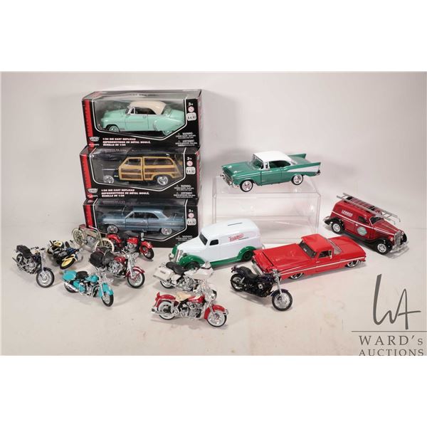 Seven 1:24th scale die cast models including three boxed and nine die cast motorcycles