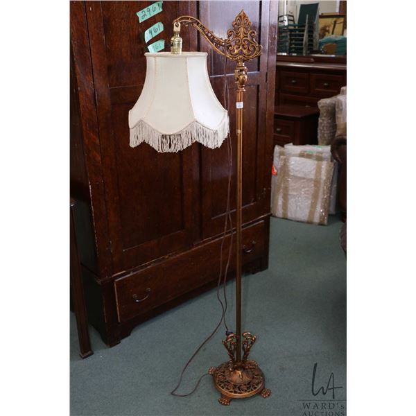 Antique bridge lamp with cast base and topper, fitted with newer shade. Note: Not available for ship