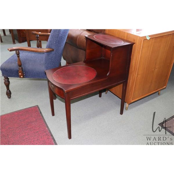 Mid 20th century mahogany step table with leather tops, 29" H X 16" X 26" D