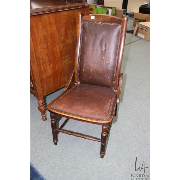 Low slung antique side chair with upholstered seat and back and decorative nail heads, 14" seat heig