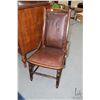 Image 1 : Low slung antique side chair with upholstered seat and back and decorative nail heads, 14" seat heig