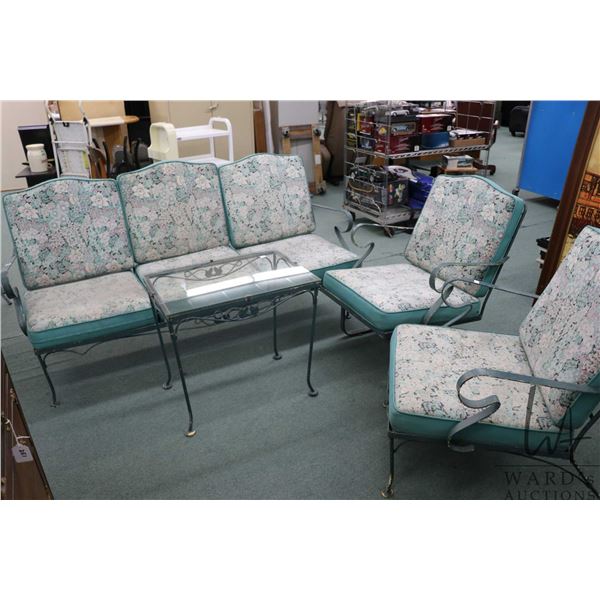 Vintage metal patio set with three seat sofa, arm chair, spring rocker and glass top table