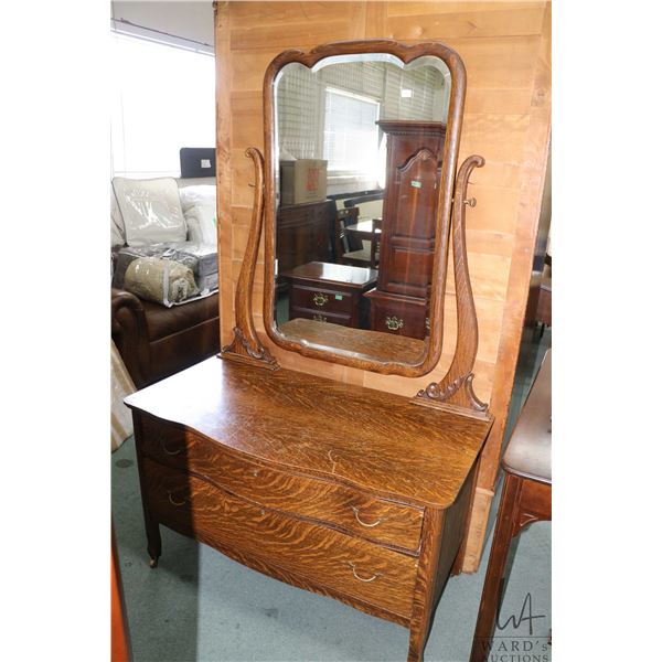 Antique mirrored low boy, two drawer dresser with painted oak finish and beveled mirror, 26" to top 