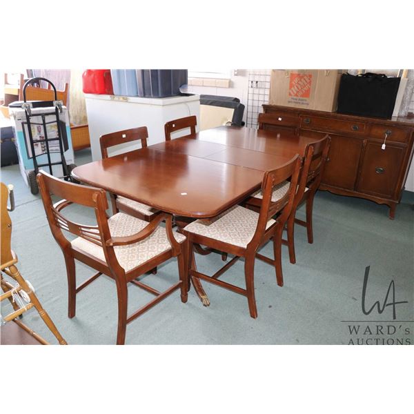 Regency style, double pedestal dining table 40" X 56" plus 15" jack-knife leaf and six dining chairs