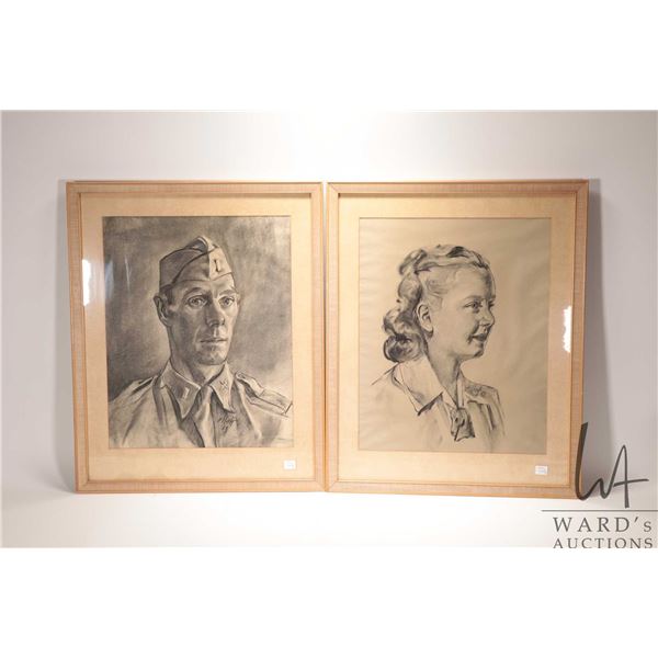 Artist signed, appears to be two original pencil portraits including a serviceman and a young woman,