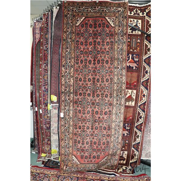 100% hand made Iranian wool carpet runner "Hamdan" with red background, geometric design and highlig