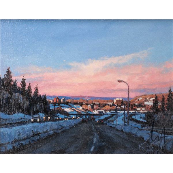 Kelvin Sawatsky framed acrylic on canvas painting of a winter highway with pink sky, artist signed 1