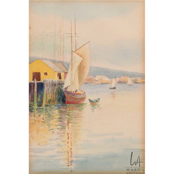Unsigned original watercolour painting of a docked sailboat, 10" X 6 1/2"