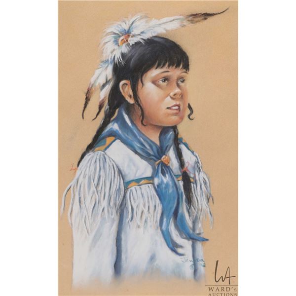 Jensen, framed pastel portrait of a young Indigenous girls, artist signed 16" X 10"