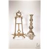 Image 1 : Decorative table top brass easel 21" in height and a pierce brass candlestick