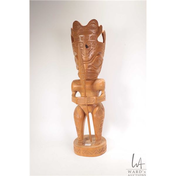 Hand carved wooden sculpture featuring warriors, one Tiki style 22" in height, signed by artist "F. 