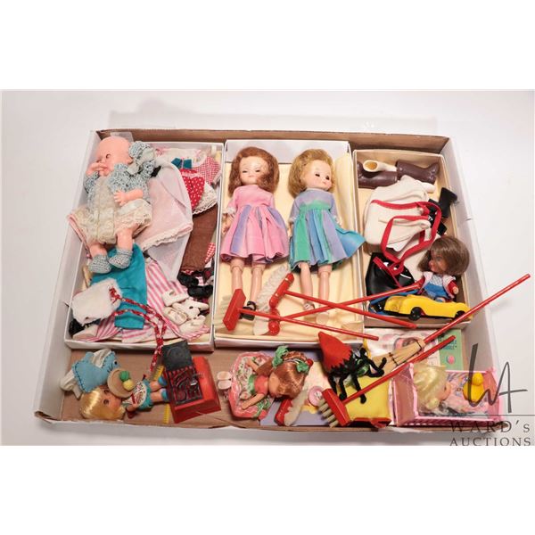 Two vintage 8" Betsy McCall dolls with a selection of accessories and clothes plus four Little Kiddl