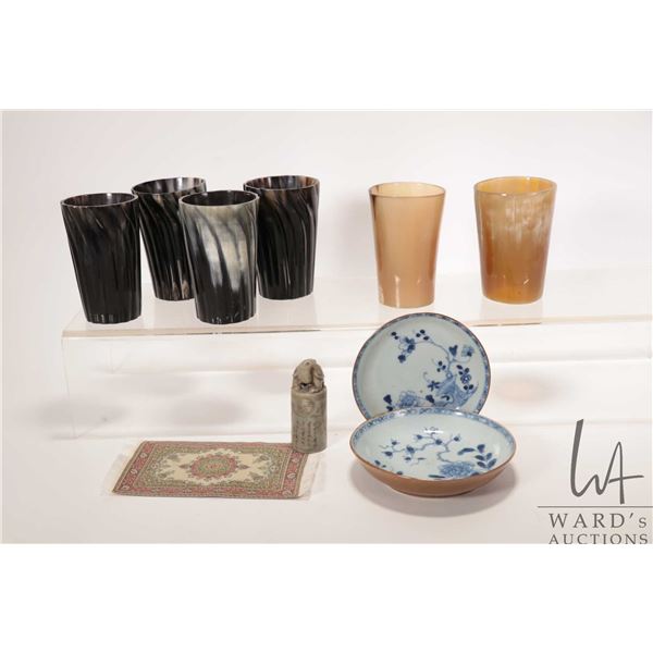 Six 4" high horn tumblers, two porcelain plates, miniature carpet and turtle motif seal