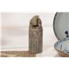 Image 2 : Six 4" high horn tumblers, two porcelain plates, miniature carpet and turtle motif seal