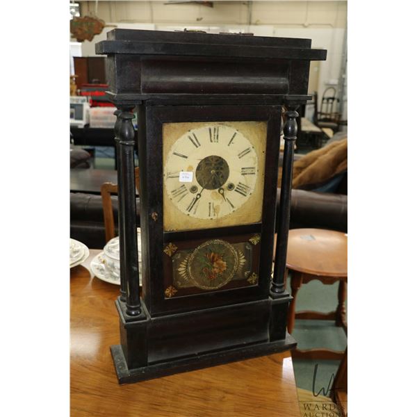 Antique chiming clock with reverse transferware floral scene, not working at time of cataloguing, ne