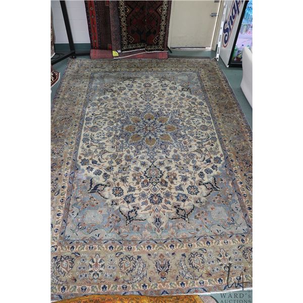 100% hand made Iranian wool carpet "Esfahan" with center medallion, cream and soft blue background, 