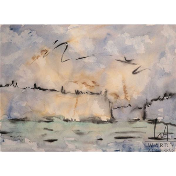 Dalby, framed original watercolour abstract landscape, artist signed, 15" X 20"