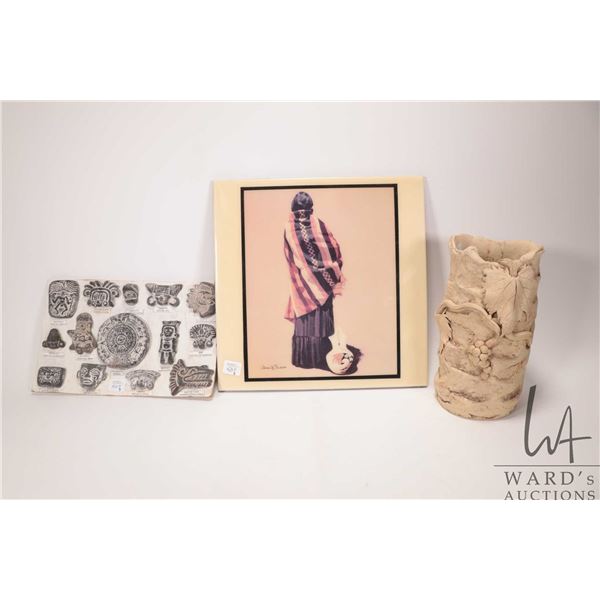 Collection of clay Aztec artifact replicas mounted on board and a 12" X 12" dile plus a hand thrown 