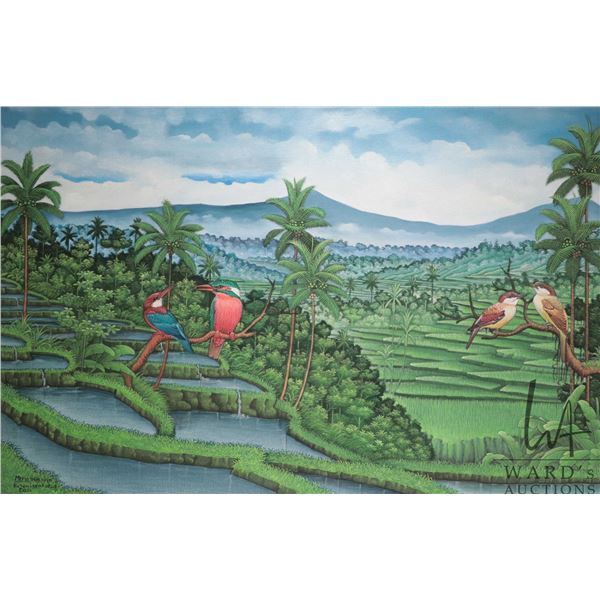 Stretcher frame acrylic on canvas painting titled "Kuth-Kelod Ubud, Bali", signed by artist Meria ji