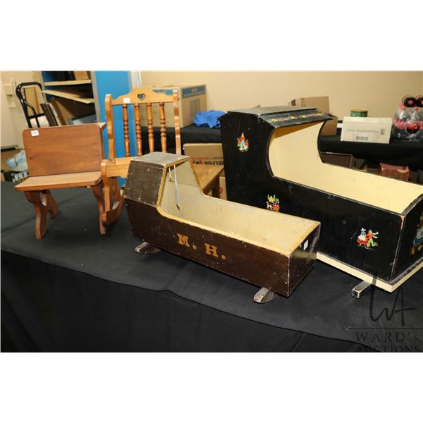 Selection of wooden doll furniture including school desk, rocking chair with 20" back, hand made dol