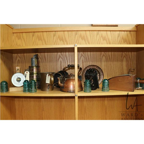 Shelf lot of vintage and antique collectibles including Mongolian milk tea pot, copper tea pot, copp