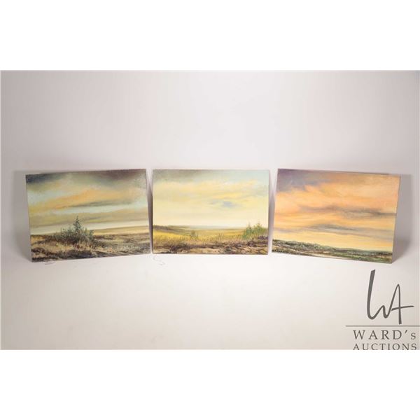 Richard Dixon, three unframed acrylic on board painting of Alberta skylines, artist signed,  each 9"