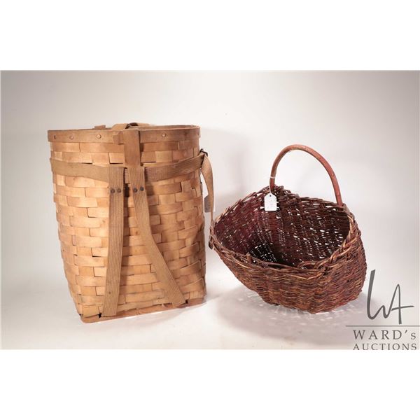 Vintage trappers Aidirondack backpack basket and a woven single handled basket. Note: Not available 