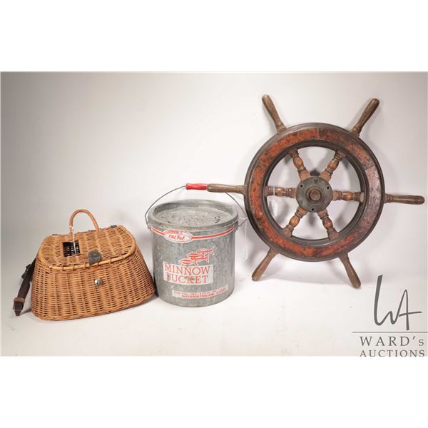 Selection of collectible including 24" diameter ships wheel, "Old Pal" minnow bucket and a woven fis