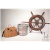 Image 1 : Selection of collectible including 24" diameter ships wheel, "Old Pal" minnow bucket and a woven fis