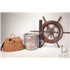 Image 2 : Selection of collectible including 24" diameter ships wheel, "Old Pal" minnow bucket and a woven fis