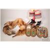 Image 1 : Two pair of beaded moccasins, needle work and fur mukluks and fox fur stole. Note: canadian bidders 