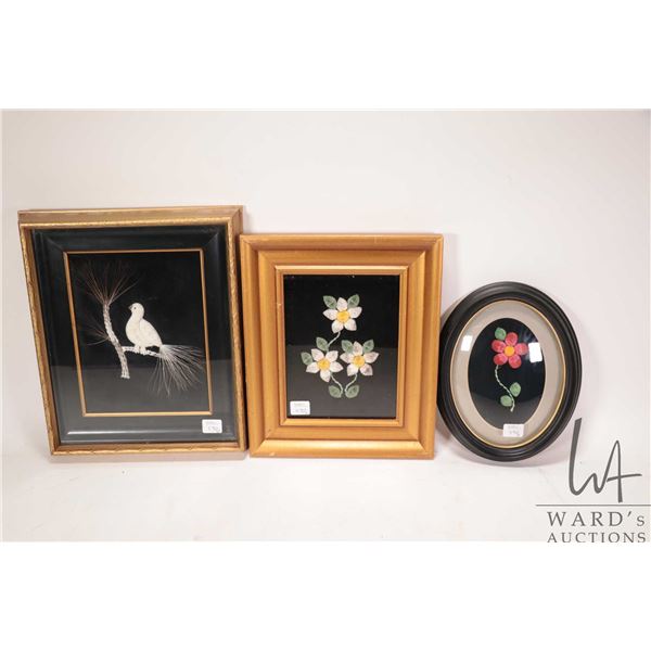 Three framed moose hair tufting including oval framed with label on verso " Created by the Northwest