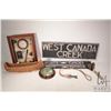 Image 1 : Selection of fishing motif decor including wooden sign, barometer, woven canoe, plus hockey motif sh