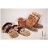Image 1 : Beaded moccasins, beaded gaunlets with fur and a birch bark basket with tufting