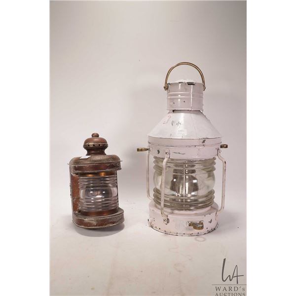 Two vintage ship's lanterns including larger painted and small one marked "Bow Light"